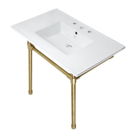 FAUCETURE 37" Console Sink with Stainless Steel Legs (8", 3 Hole), White/Brushed Brass KVPB37227W87